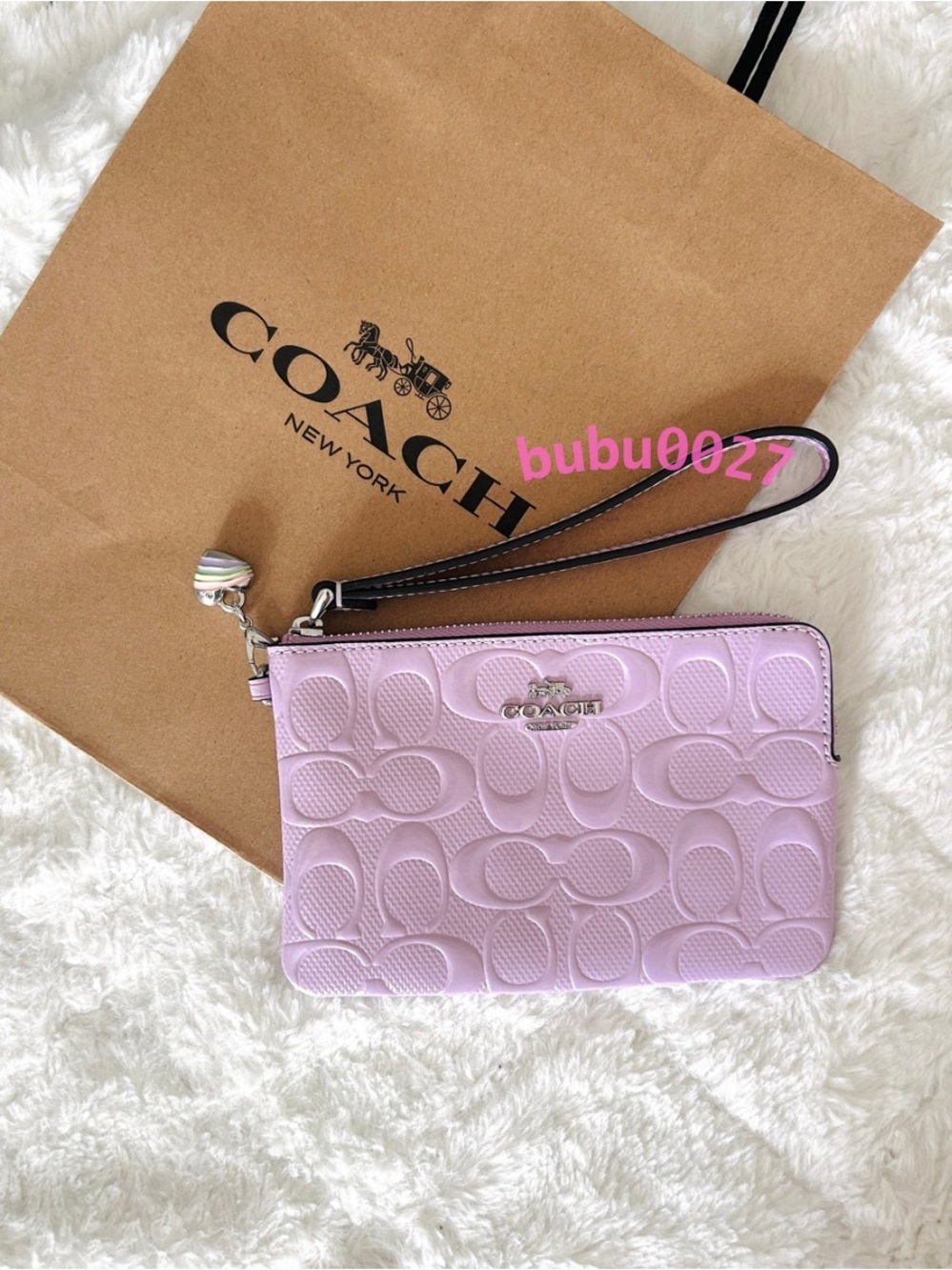 NWT💜Coach Corner Zip Wristlet Signature Leather Heart Charm Violet Purple Wallet